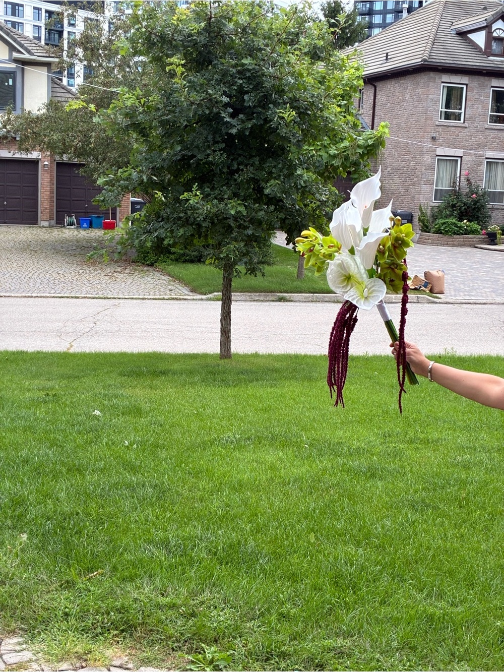 White & Green Faux Calla Lily Bouquet with Burgundy Accents